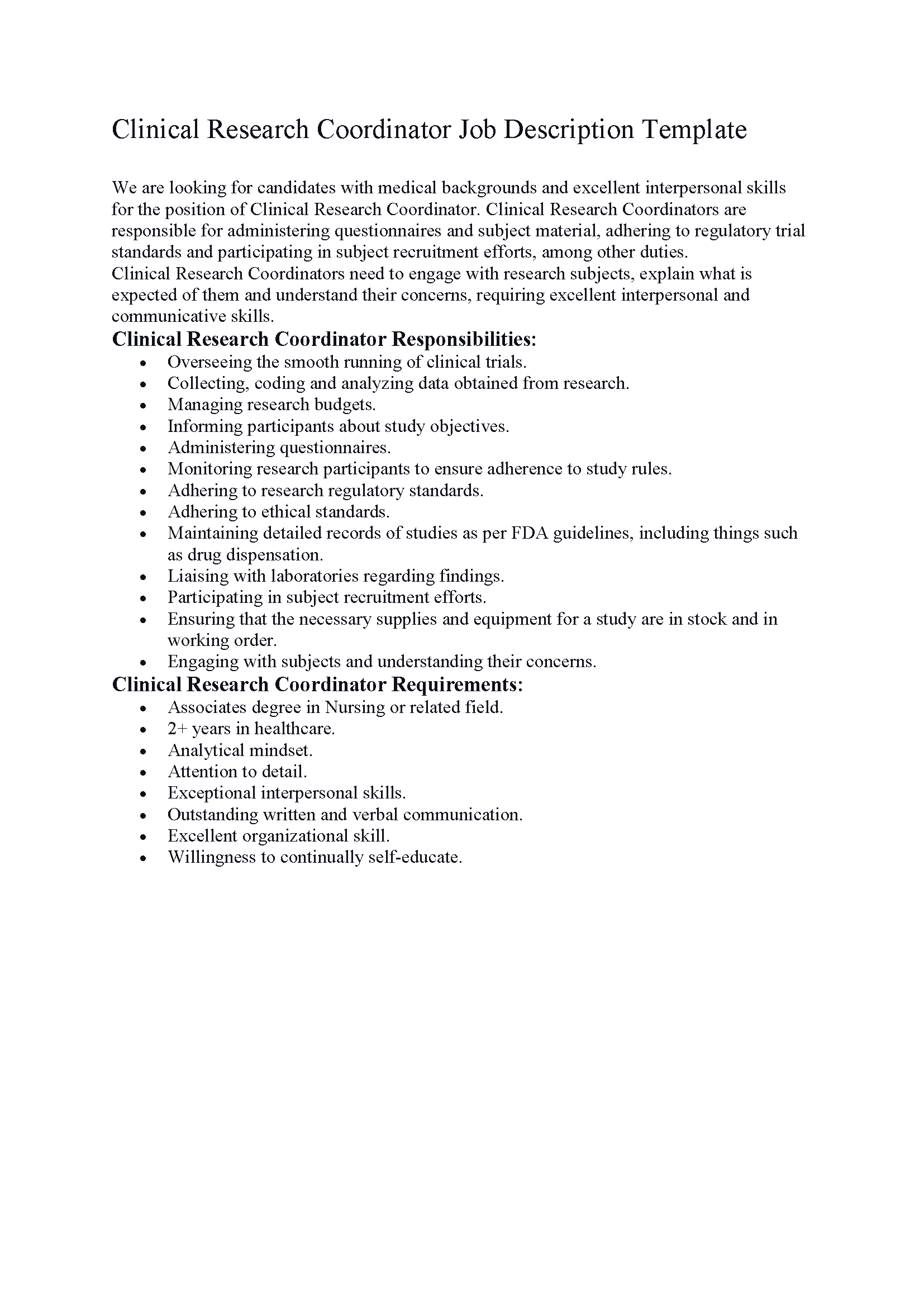 Clinical Research Coordinator Job Description Template